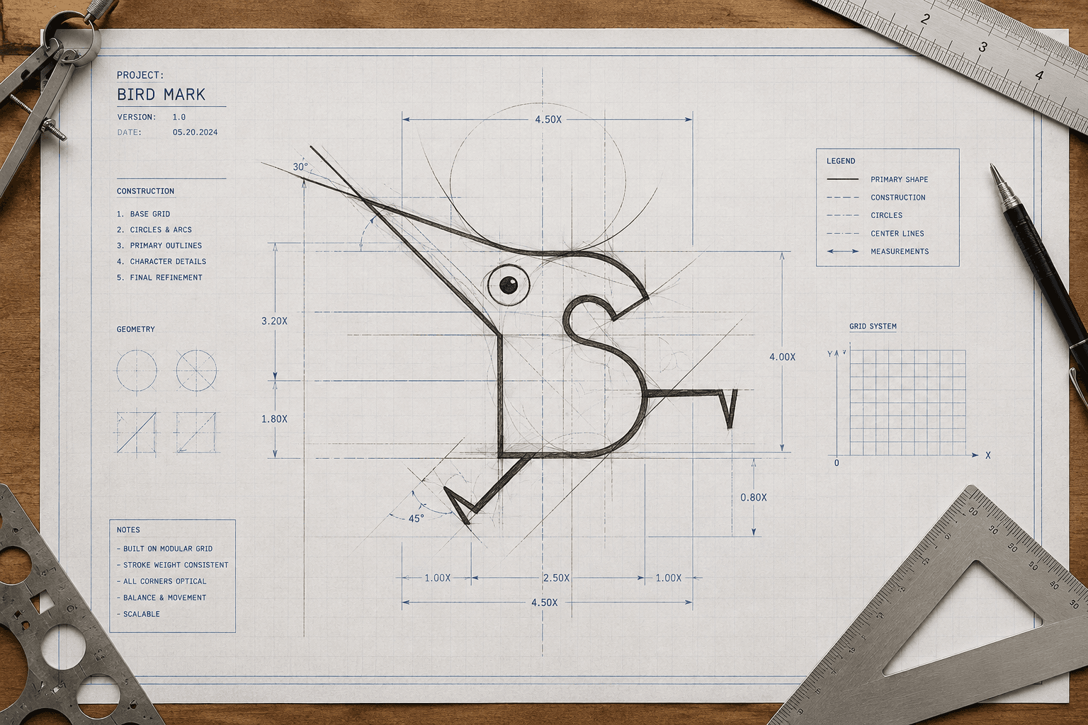 Blueprint study of the DontSweat.Tech bird mark